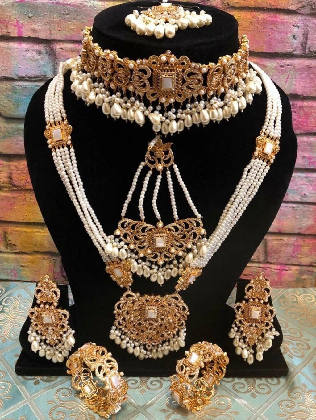 Gold & White Pearl Full Bridal Jewellery Set – Choker, Haar, Tikka, Jhumar, Earrings & Bangles