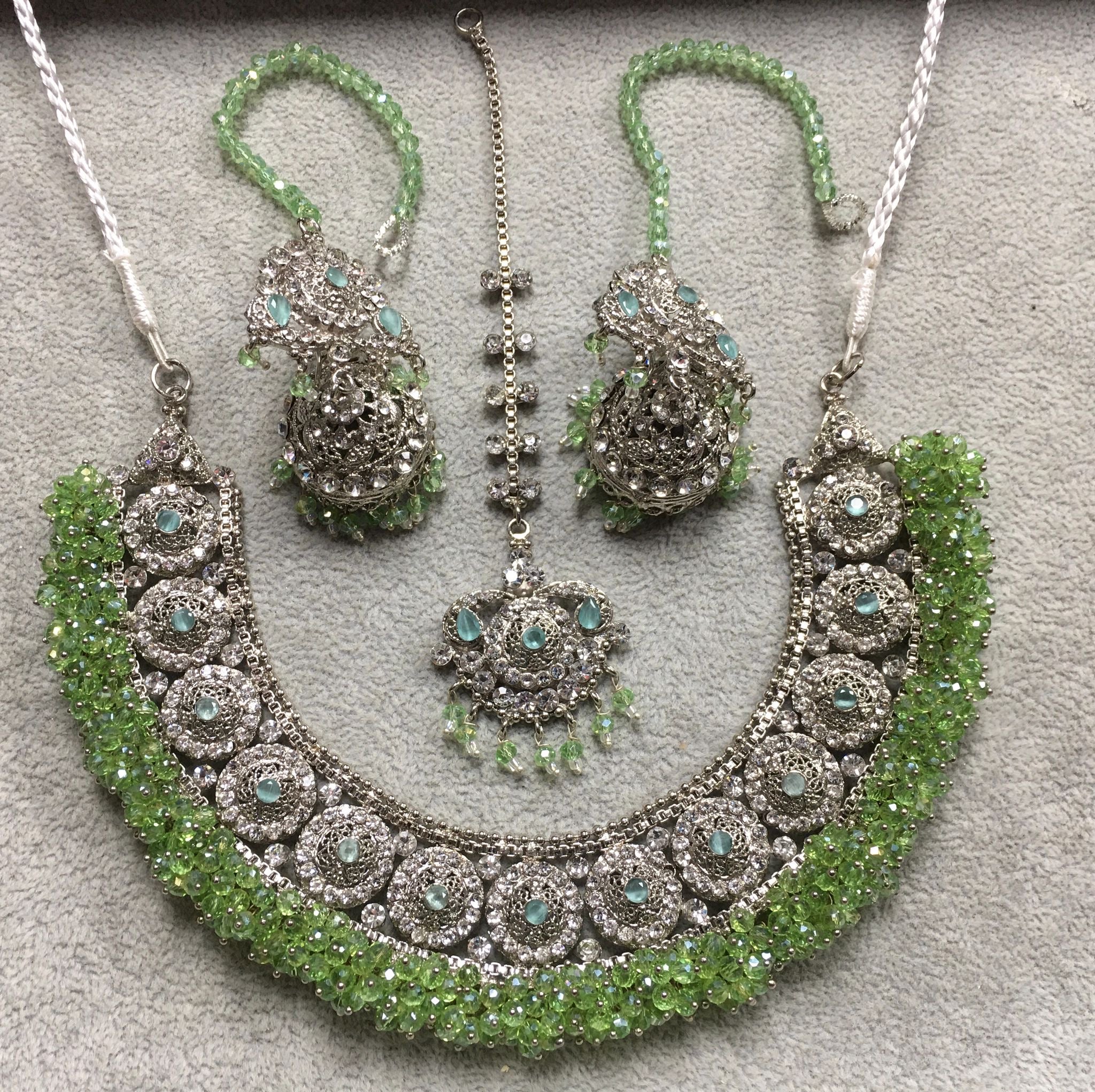 Silver Necklace Set with Jhumka Earrings & Maang Tikka – Light Green