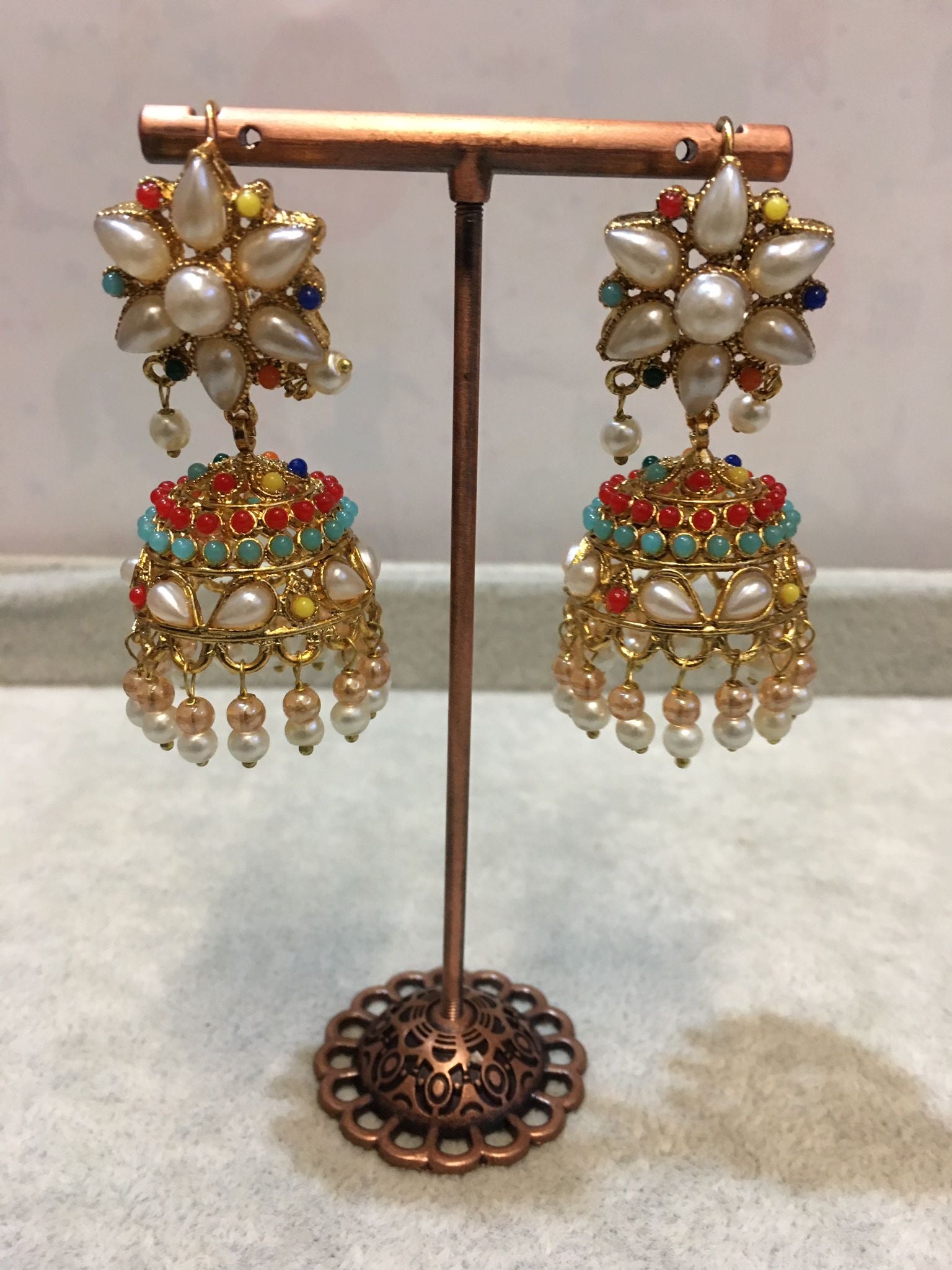 Small Multicolour Jhumka Bali Earrings with Pearl Drops
