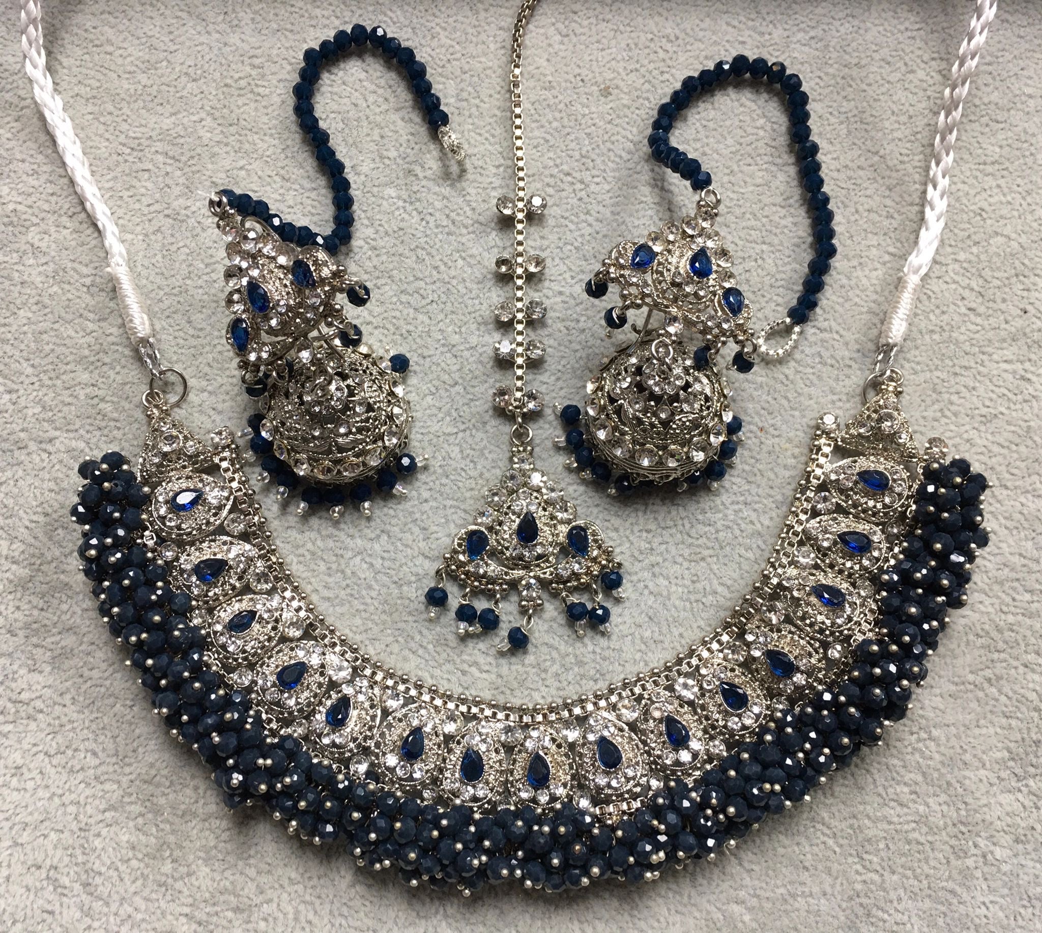 Royal Bridal Necklace Set with Jhumka Earrings & Maang Tikka – Silver Tone