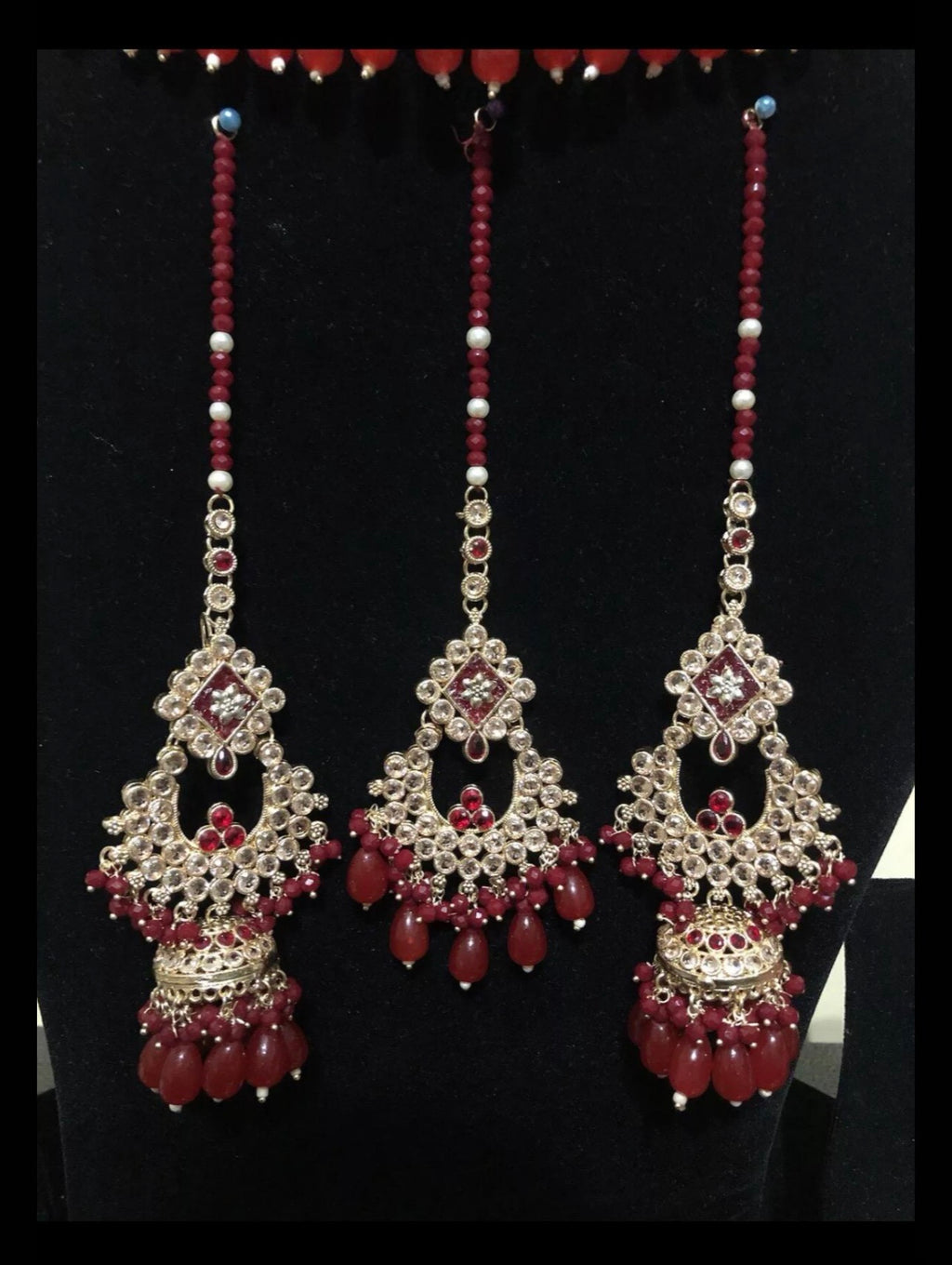 Heavy Kundan Pearl Choker Set with Jhumkay & Tikka – Maroon / Light Pink
