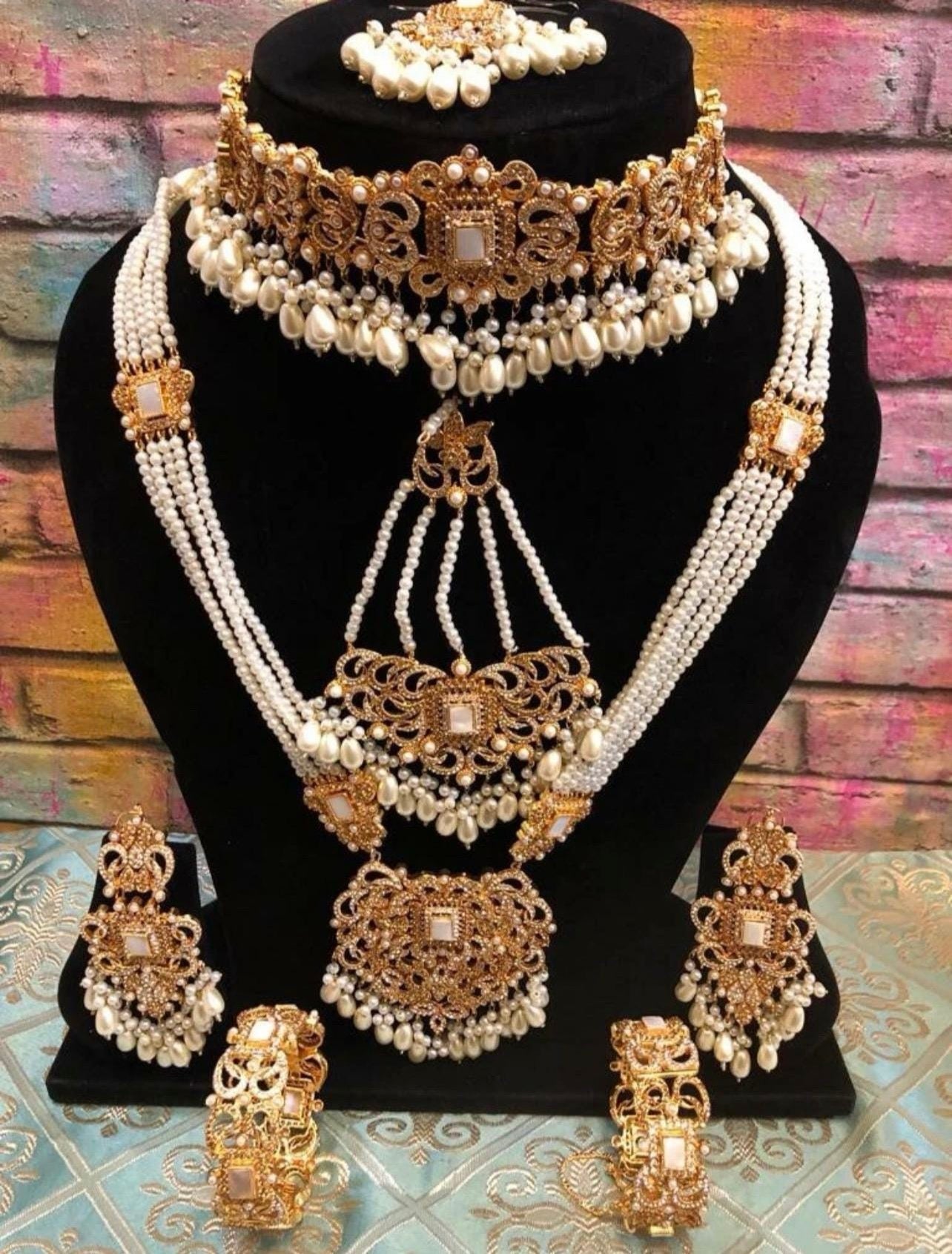 Gold & White Pearl Full Bridal Jewellery Set – Choker, Haar, Tikka, Jhumar, Earrings & Bangles
