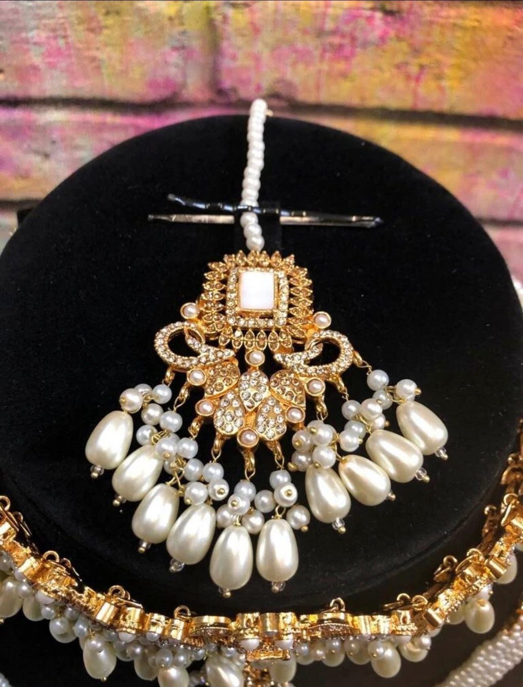 Gold & White Pearl Full Bridal Jewellery Set – Choker, Haar, Tikka, Jhumar, Earrings & Bangles