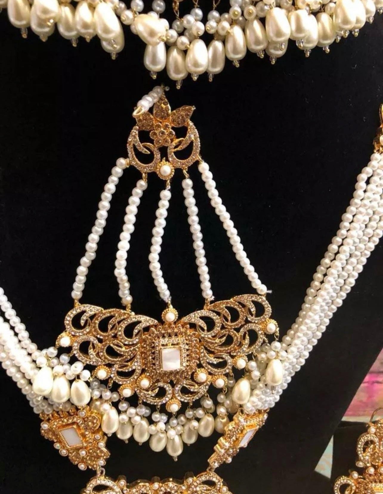 Gold & White Pearl Full Bridal Jewellery Set – Choker, Haar, Tikka, Jhumar, Earrings & Bangles