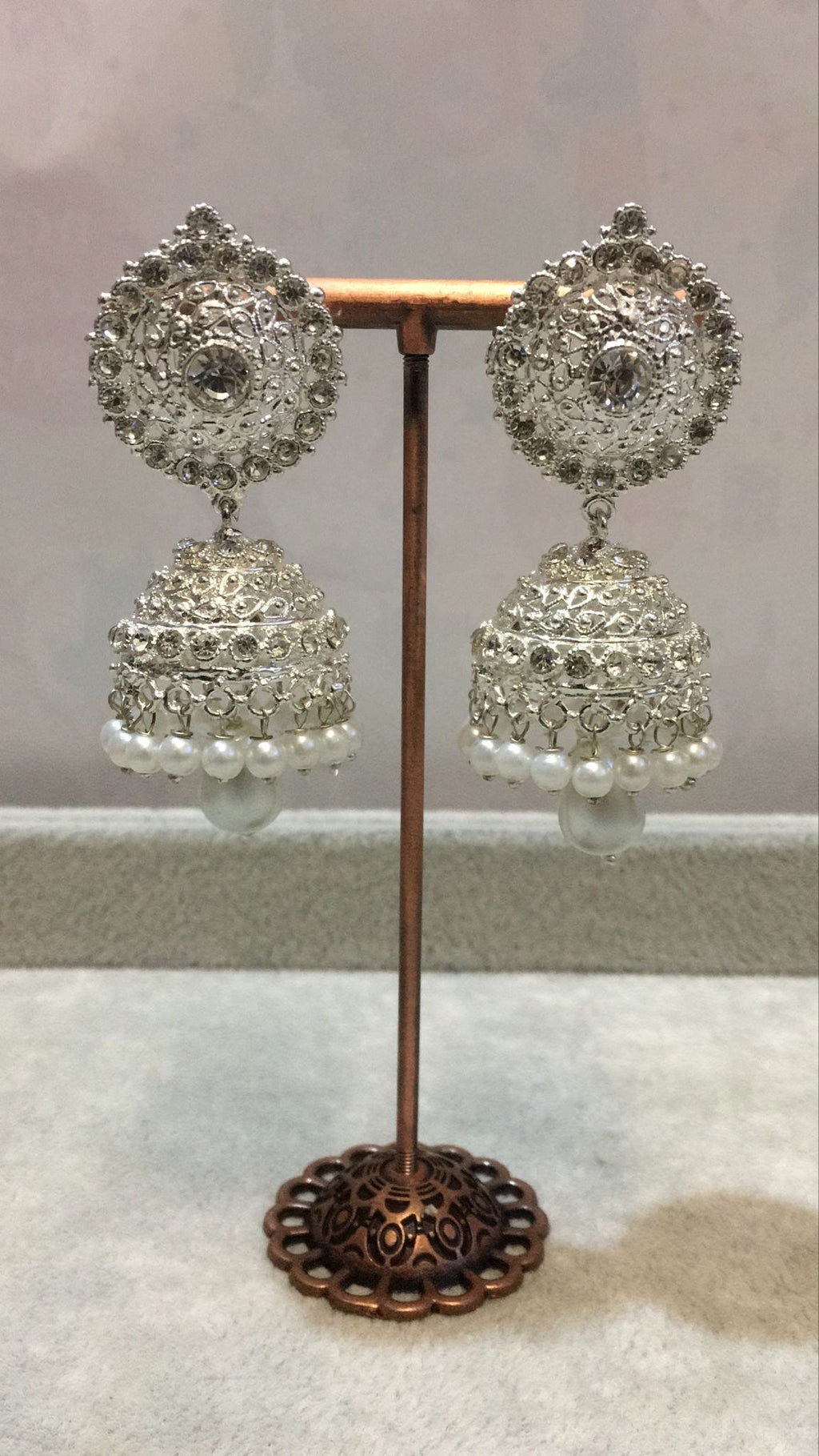 Silver Crystal Jhumka Earrings with Pearl Drops – Traditional Bridal & Party Wear