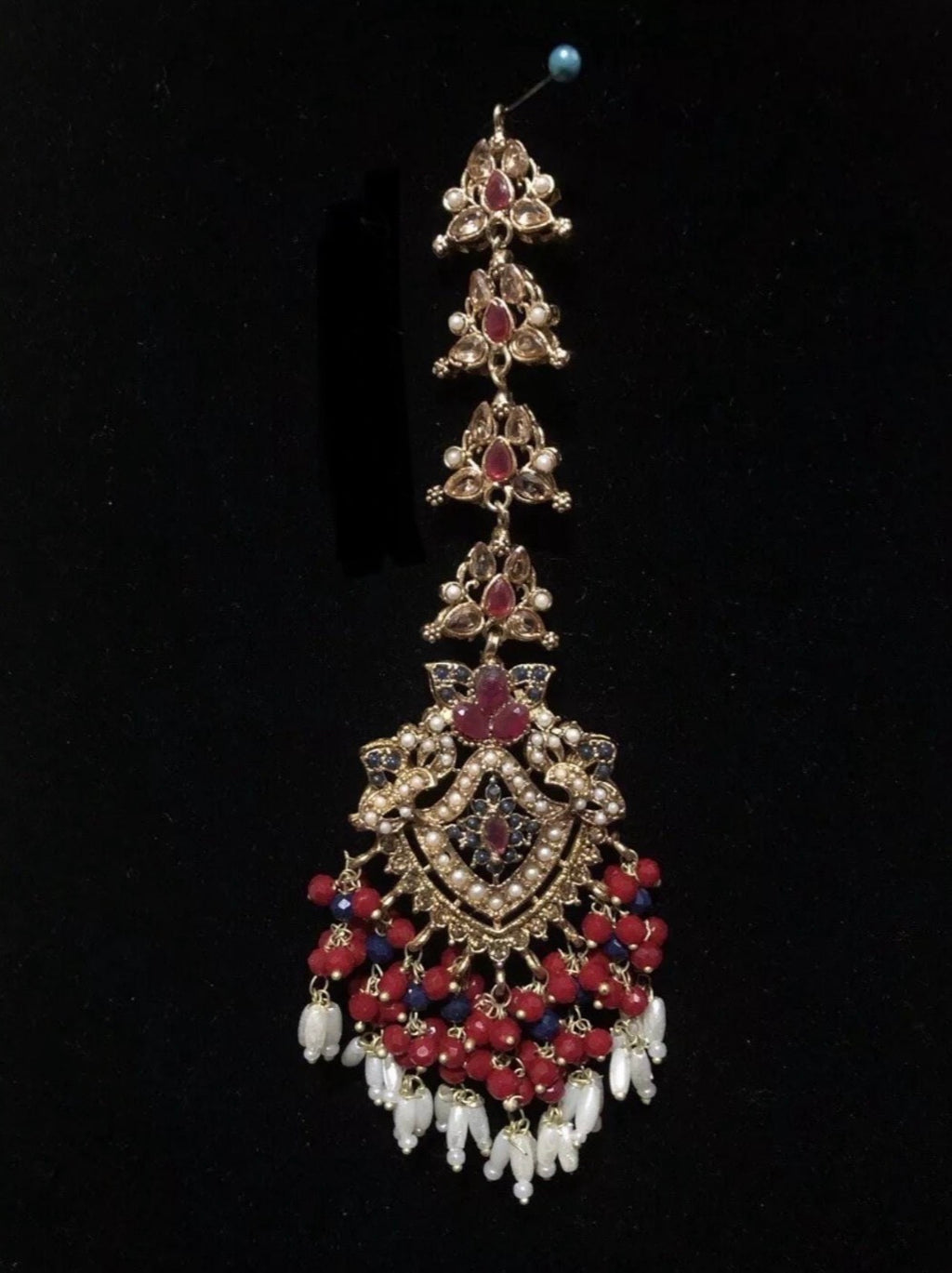 Beautiful Red, Navy Blue and white beaded Nauratan Bridal Wedding Jewellery set