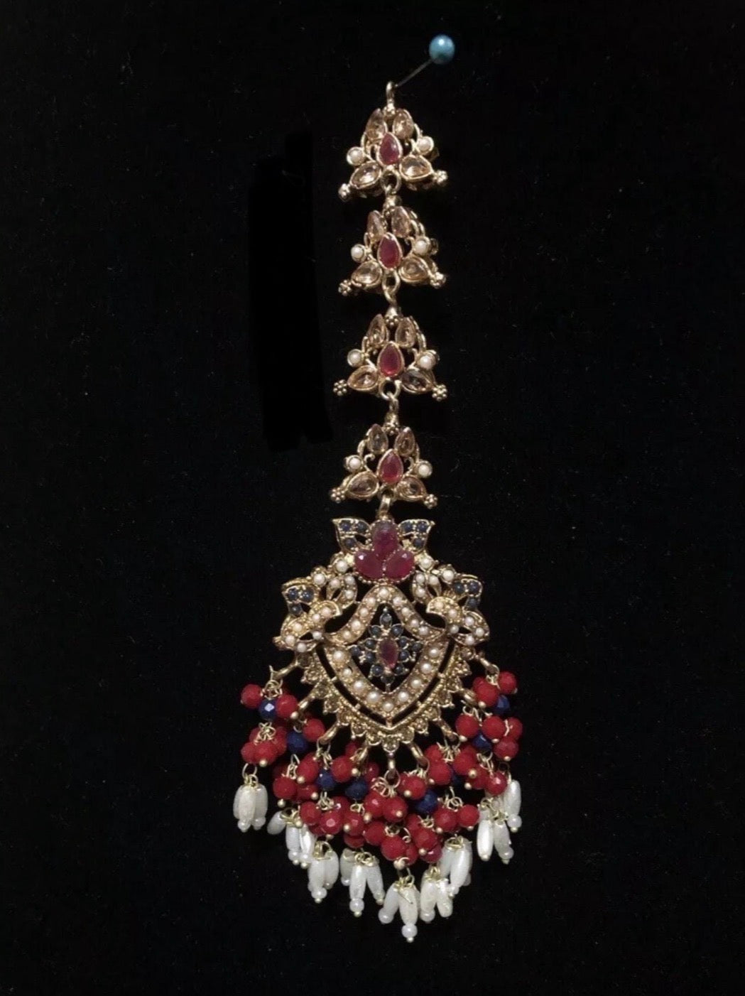 Beautiful Red, Navy Blue and white beaded Nauratan Bridal Wedding Jewellery set