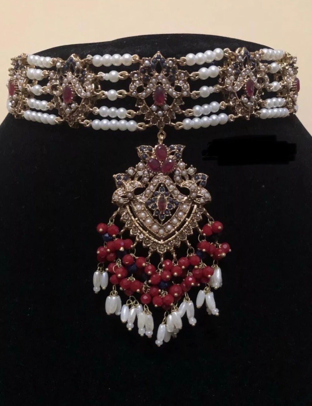 Beautiful Red, Navy Blue and white beaded Nauratan Bridal Wedding Jewellery set