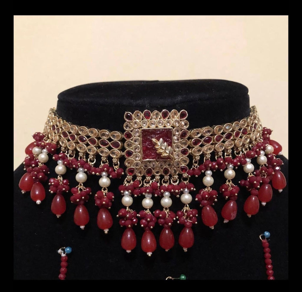 Luxury Bridal Choker Set – Kundan Pearl Jhumka & Tikka - Maroon