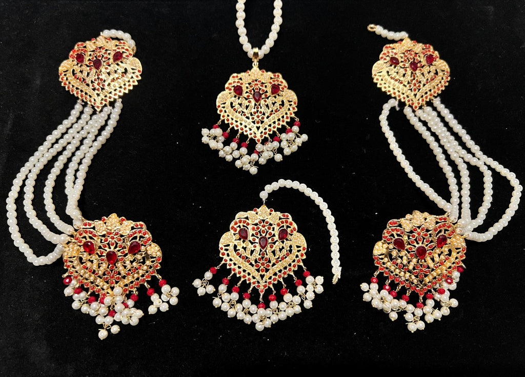 Nauratan Pearl Choker Necklace Set with Sahara Earrings & Tikka - Party Wear (8 Colours)