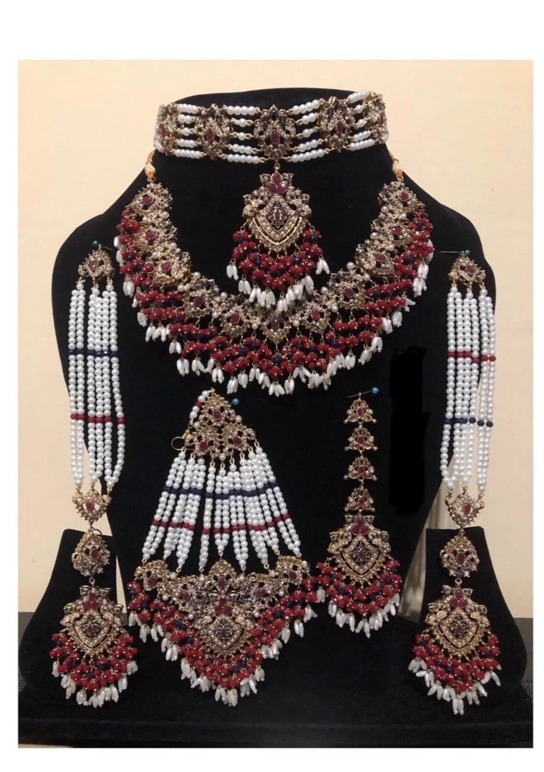 Beautiful Red, Navy Blue and white beaded Nauratan Bridal Wedding Jewellery set