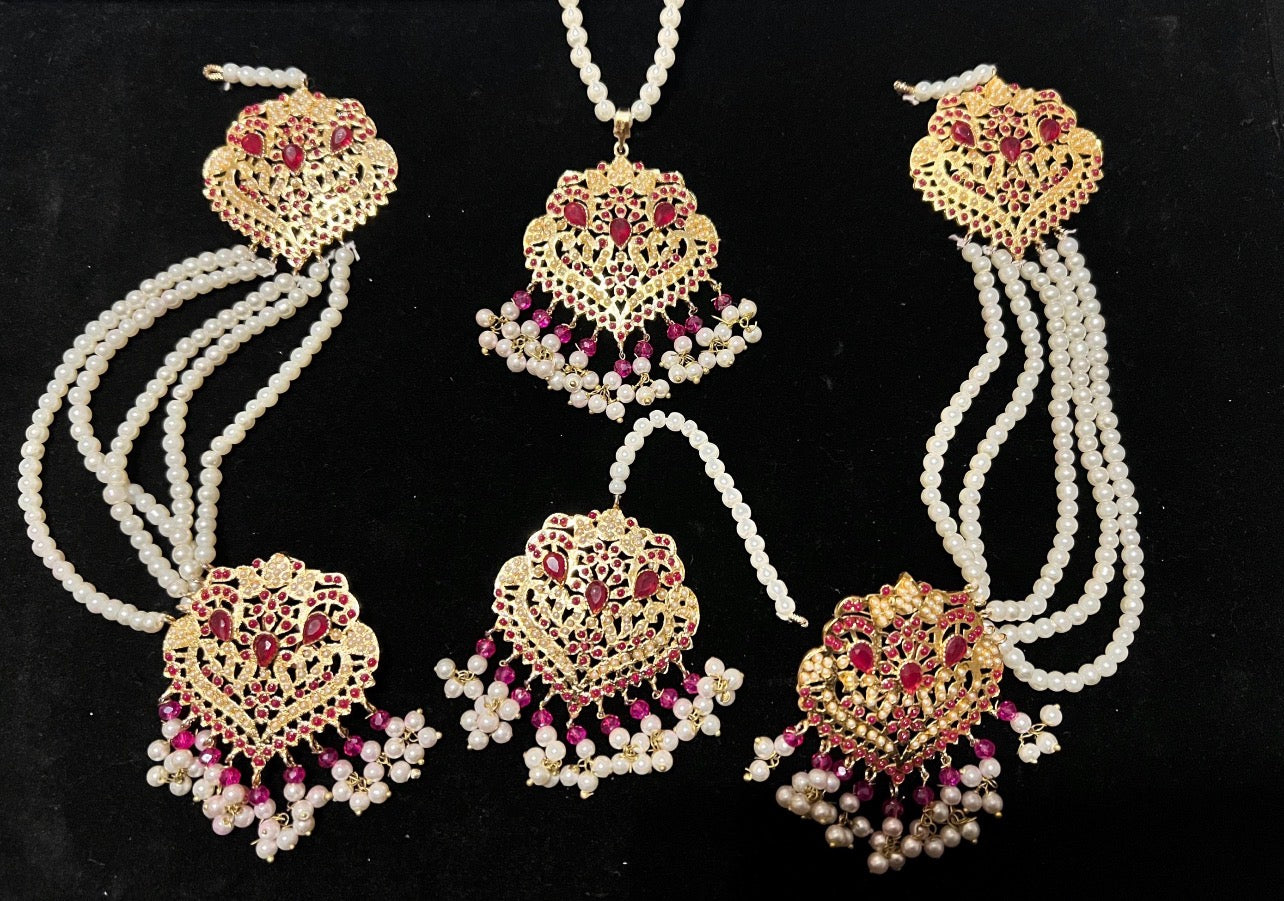 Nauratan Pearl Choker Necklace Set with Sahara Earrings & Tikka - Party Wear (8 Colours)