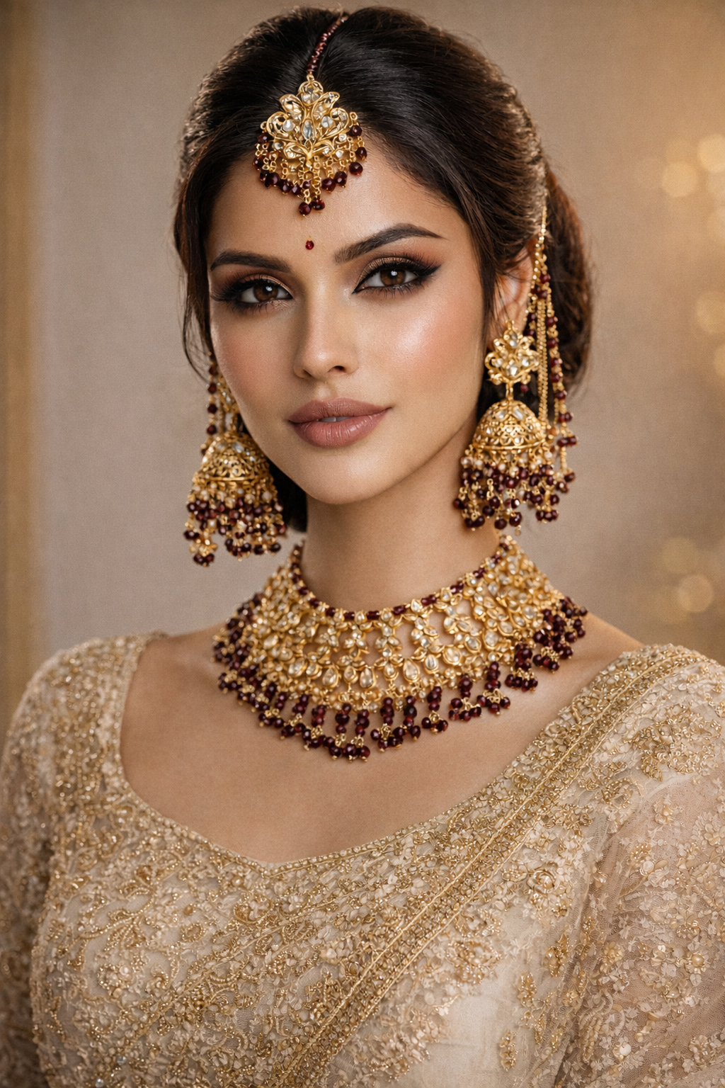 Luxury Kundan Bridal Jewellery Set – Necklace, Jhumkas with Saharay, Tikka & Jhumar