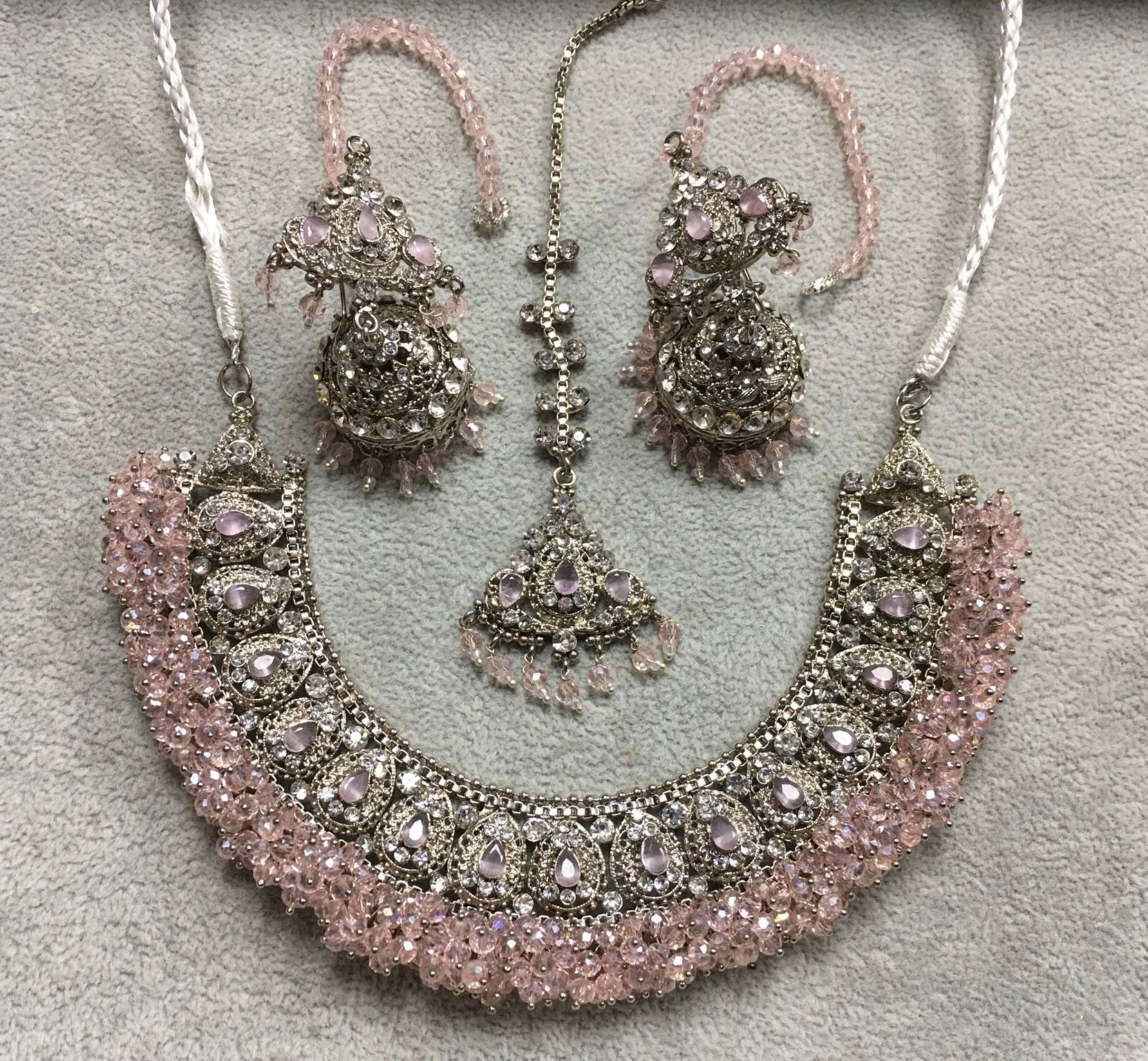 Royal Bridal Necklace Set with Jhumka Earrings & Maang Tikka – Silver Tone