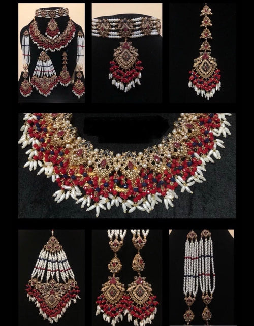 Beautiful Red, Navy Blue and white beaded Nauratan Bridal Wedding Jewellery set