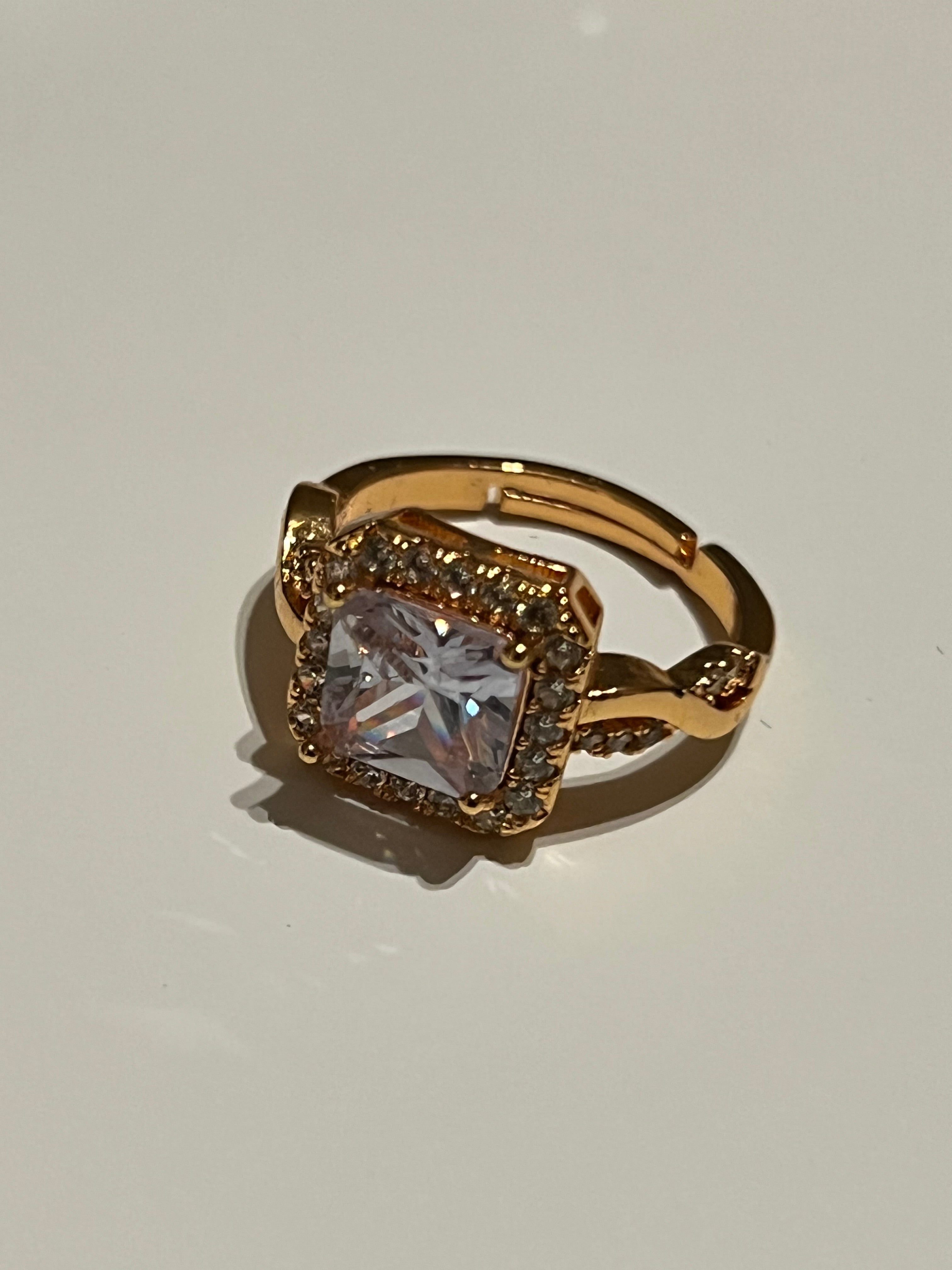 Square Halo Crystal Ring – Adjustable Gold Statement Ring (6 Colours Available)