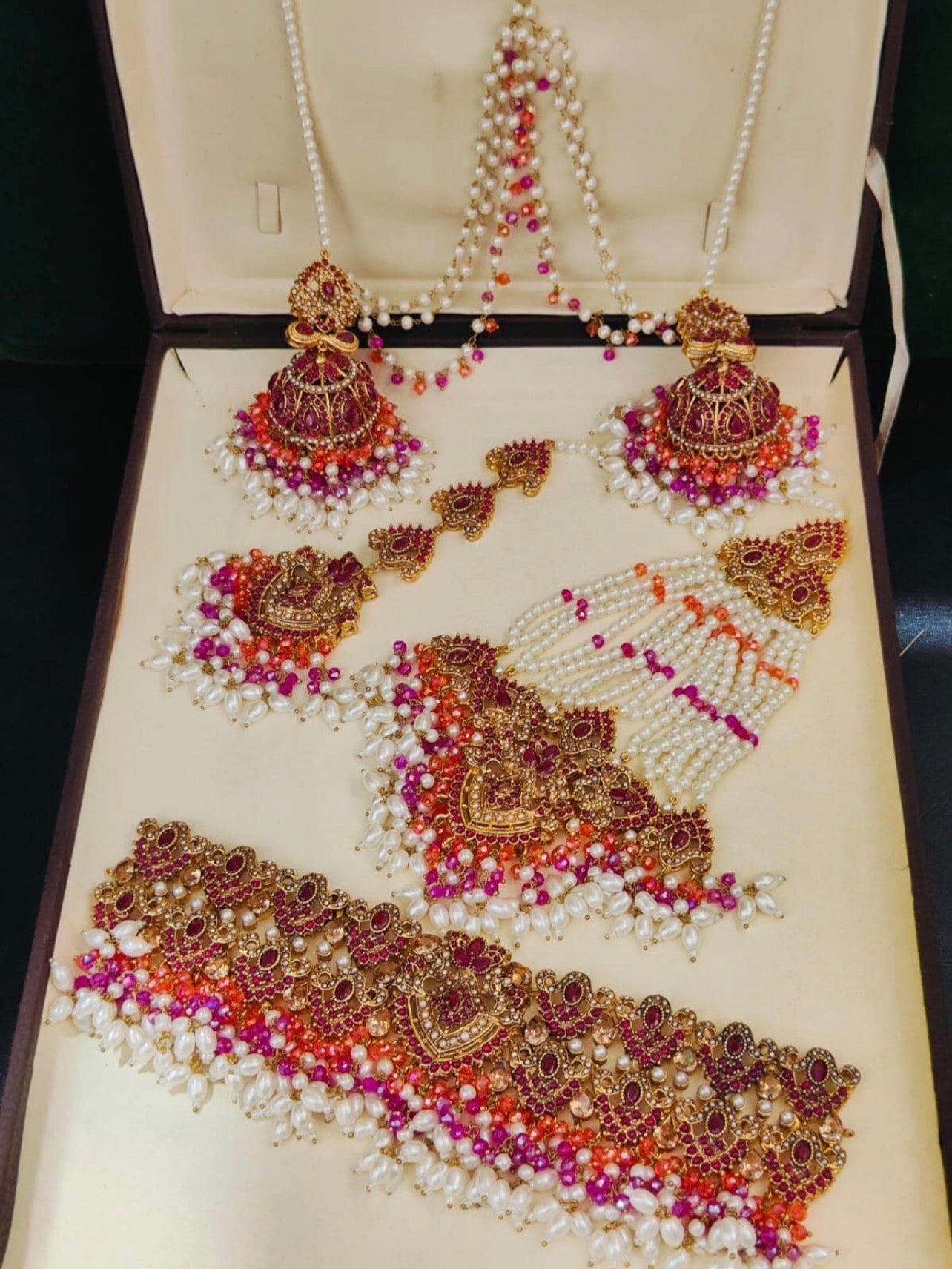 Kundan Pearl Bridal Choker Set Jhumar, Tikka & Jhumkas with Saharay