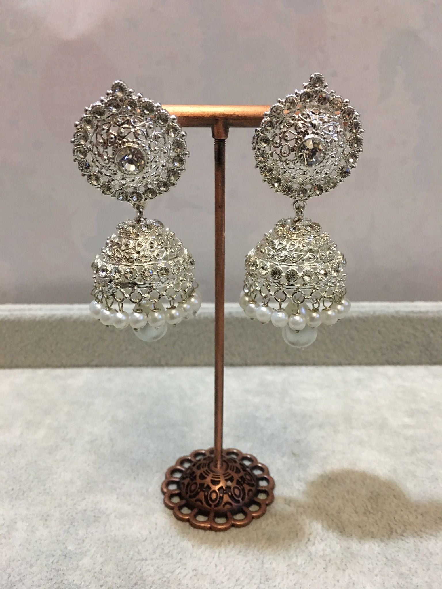 Silver Crystal Jhumka Earrings with Pearl Drops – Traditional Bridal & Party Wear