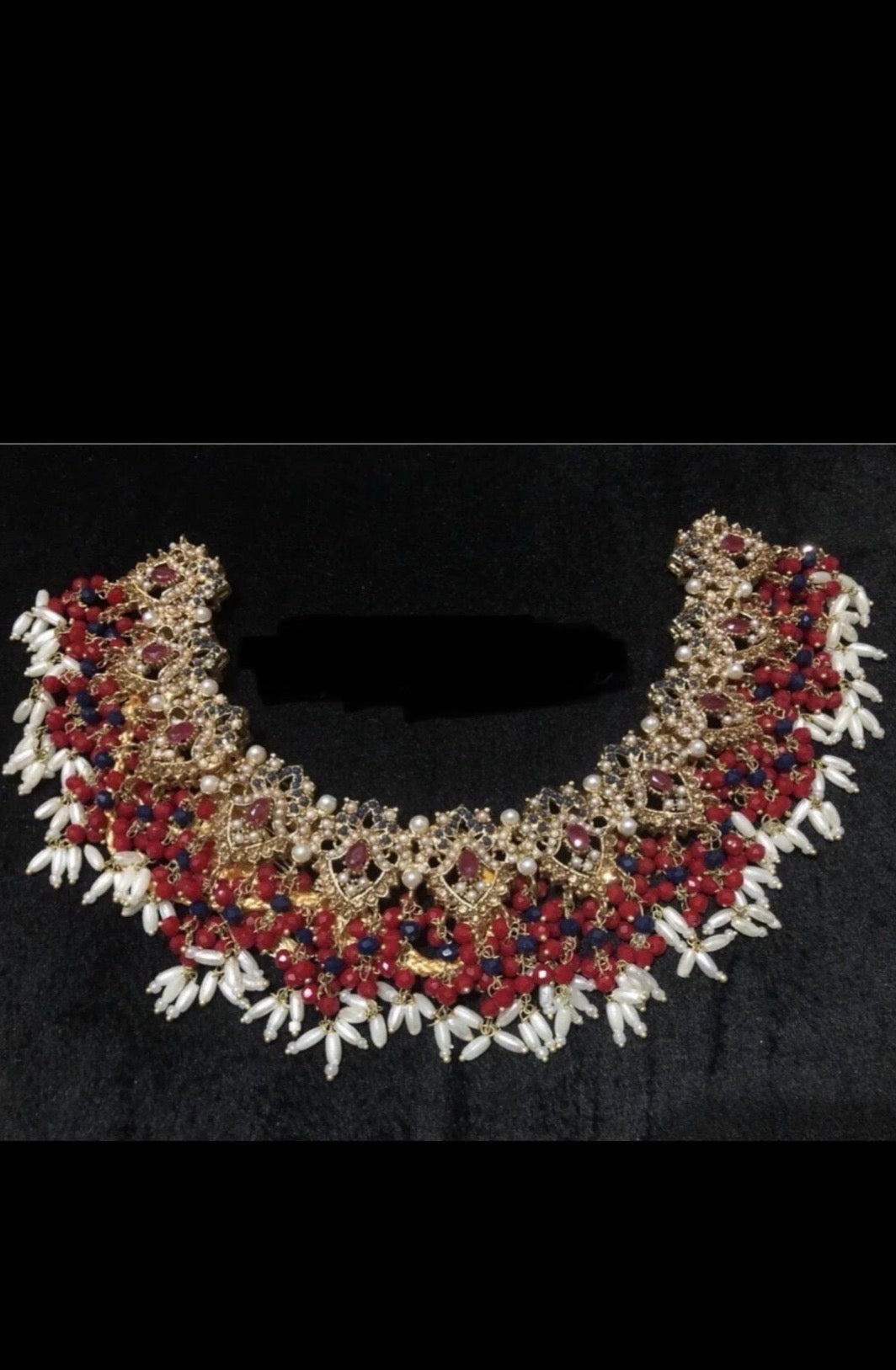Beautiful Red, Navy Blue and white beaded Nauratan Bridal Wedding Jewellery set