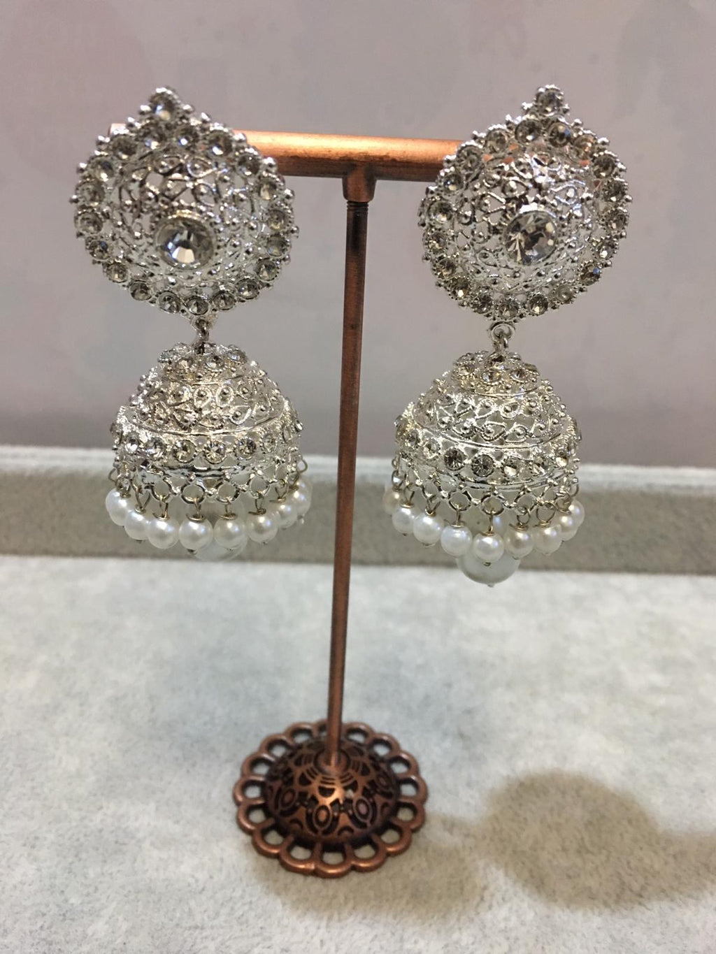 Silver Crystal Jhumka Earrings with Pearl Drops – Traditional Bridal & Party Wear