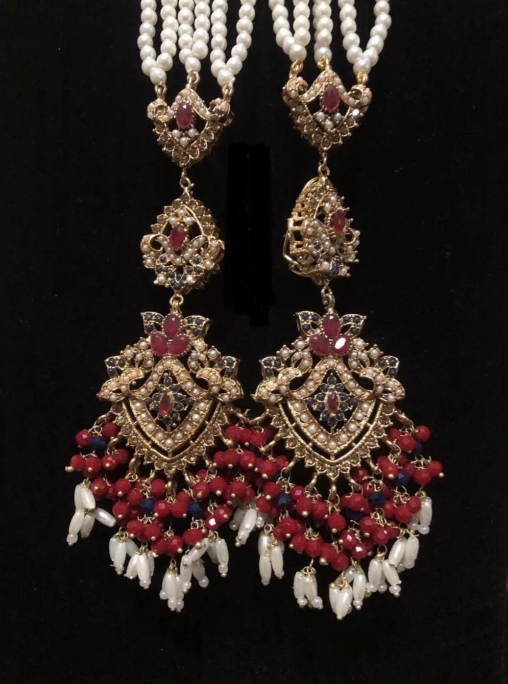 Beautiful Red, Navy Blue and white beaded Nauratan Bridal Wedding Jewellery set