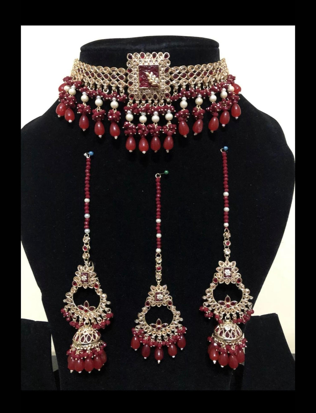 Luxury Bridal Choker Set – Kundan Pearl Jhumka & Tikka - Maroon