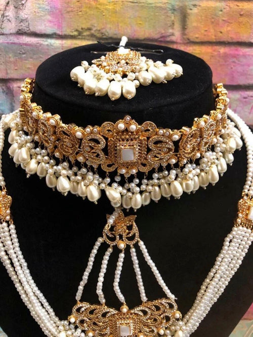 Gold & White Pearl Full Bridal Jewellery Set – Choker, Haar, Tikka, Jhumar, Earrings & Bangles