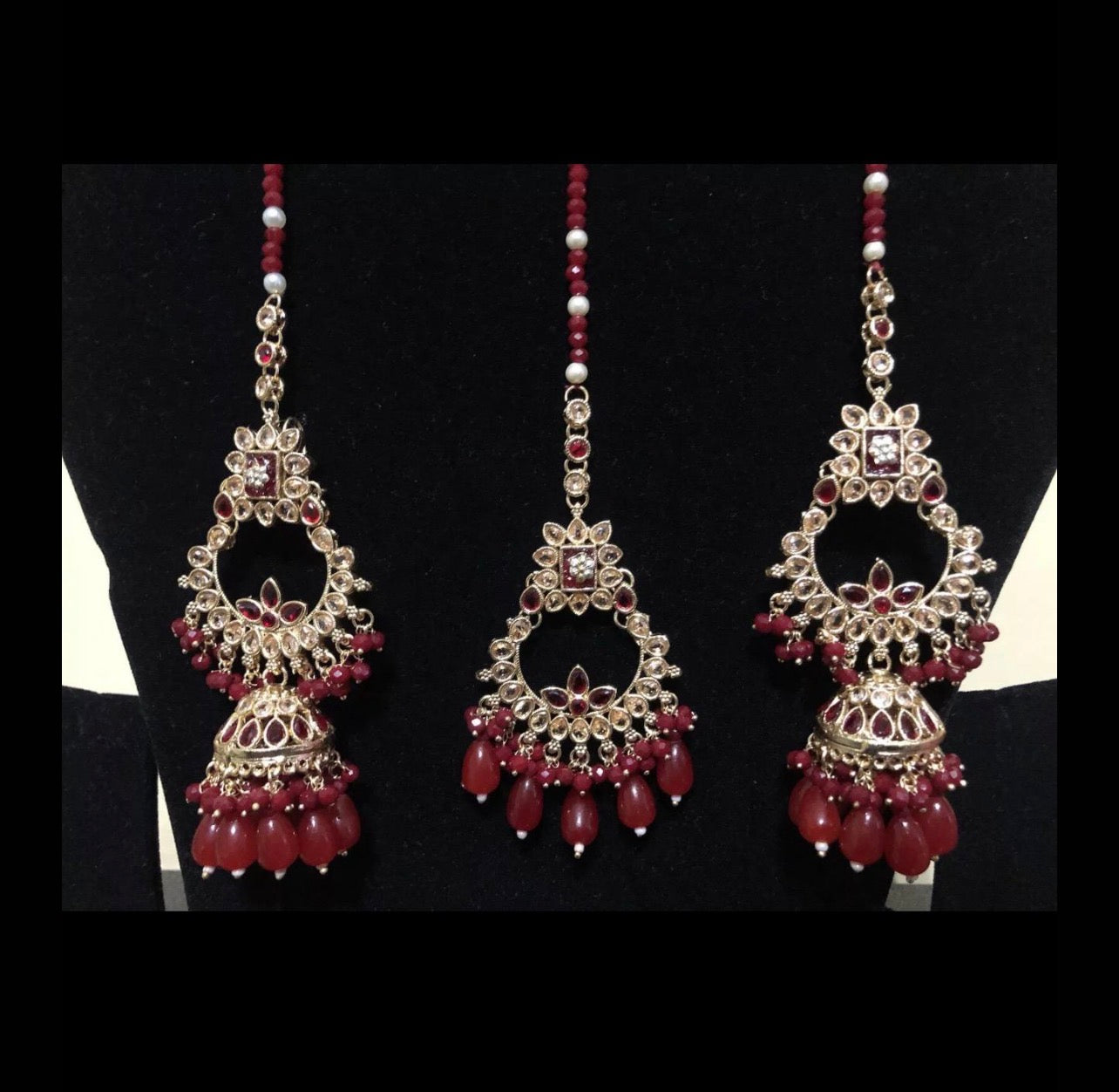 Luxury Bridal Choker Set – Kundan Pearl Jhumka & Tikka - Maroon