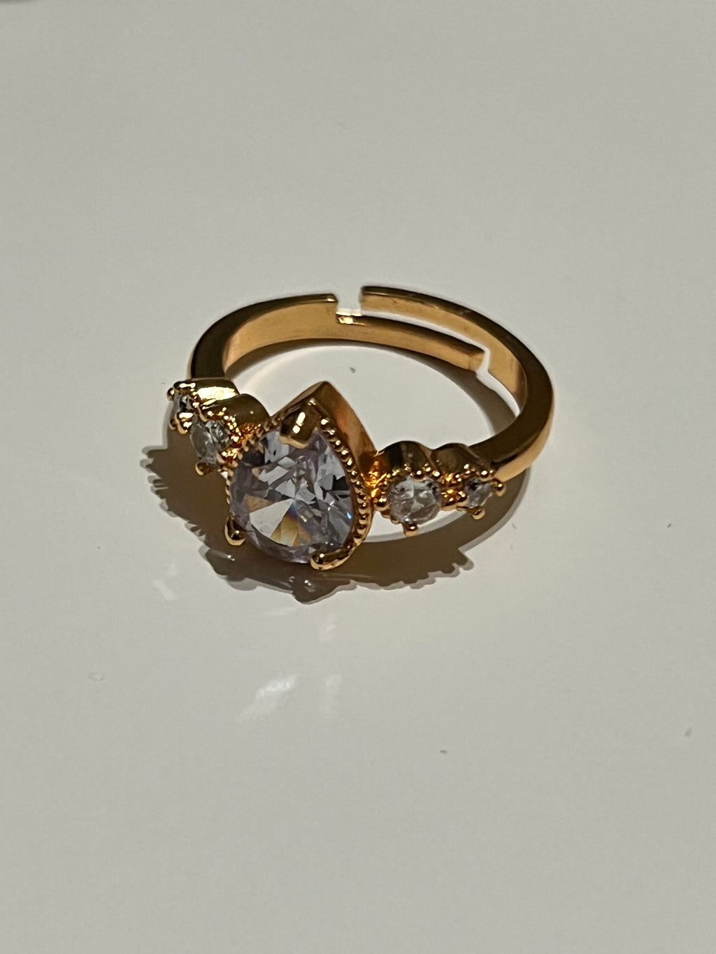 Teardrop Gemstone Ring with Side Crystals – Adjustable Gold Statement Ring (6 Colours)