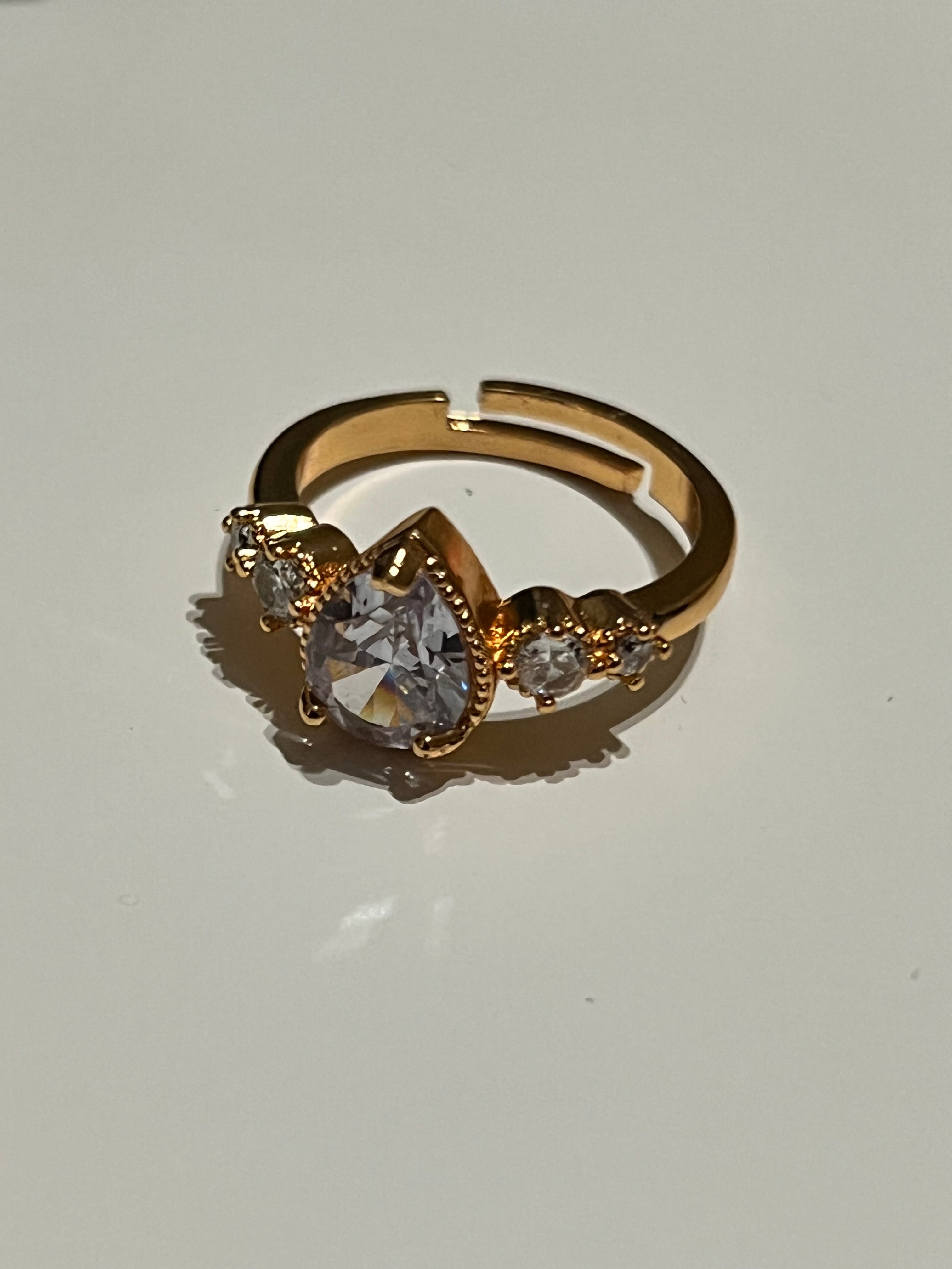 Teardrop Gemstone Ring with Side Crystals – Adjustable Gold Statement Ring (6 Colours)