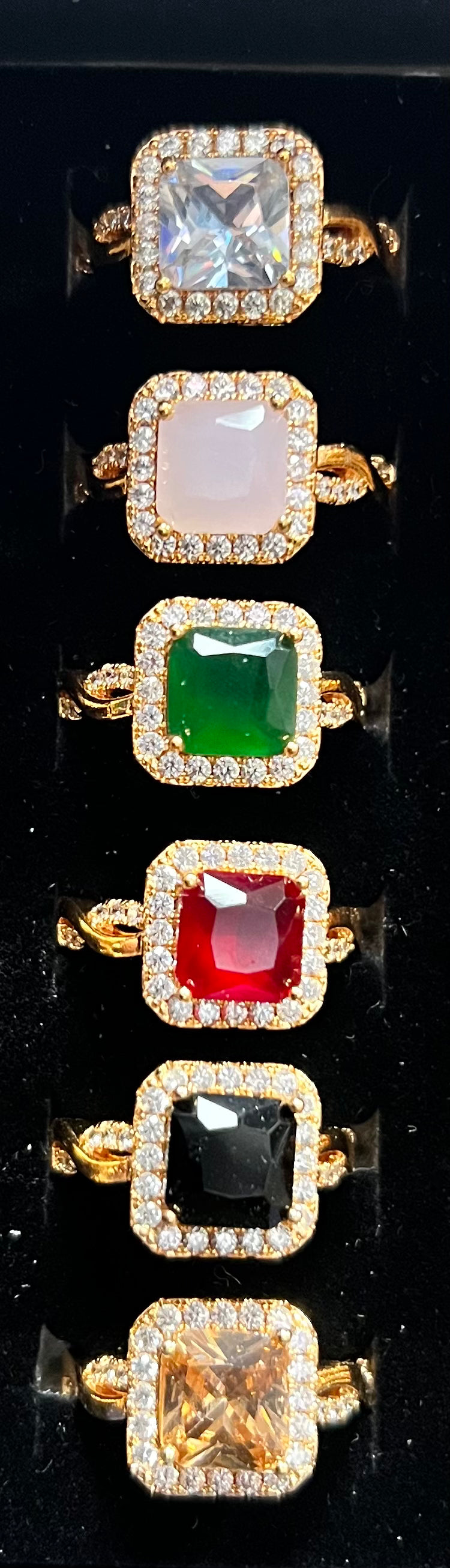 Square Halo Crystal Ring – Adjustable Gold Statement Ring (6 Colours Available)