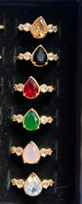 Teardrop Gemstone Ring with Side Crystals – Adjustable Gold Statement Ring (6 Colours)